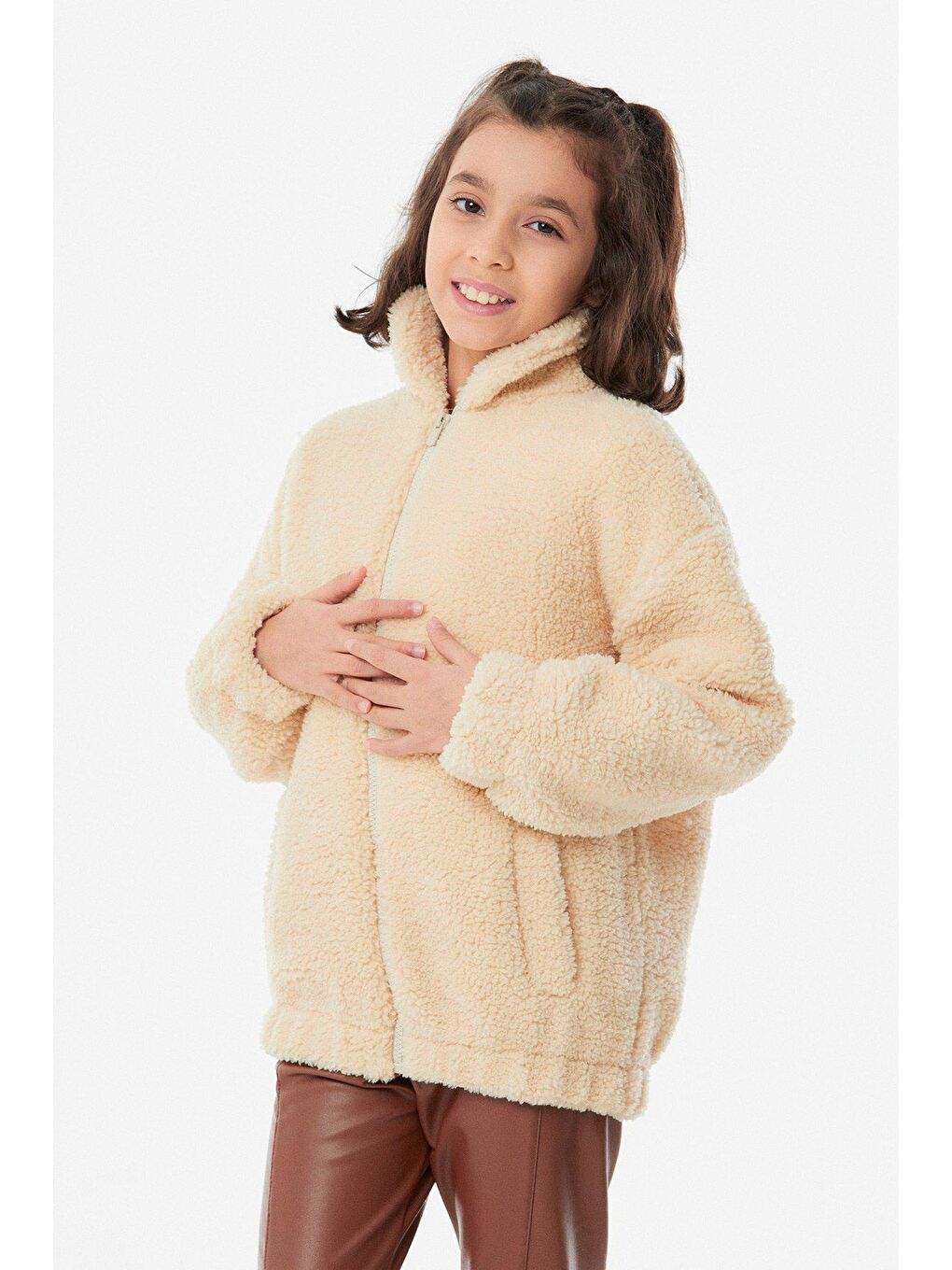 Bej Fermuarlı Kız Çocuk Peluş  Mont-4