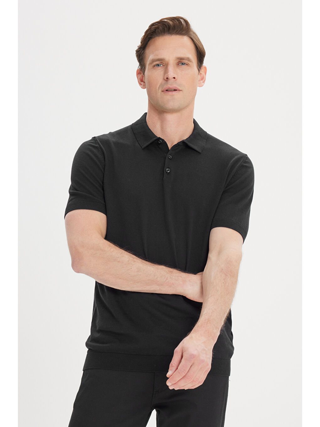 Erkek Siyah Standart Fit Normal Kesim %100 Pamuk Polo Yaka Triko Tişört-2