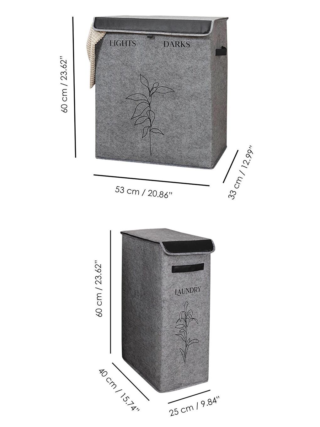 Keçe 2 Boy Çamaşır Kirli Sepeti Çok Amaçlı Oyuncak Organizer Kapaklı Sepet Gri 25x40x60cm-53x33x60cm-5
