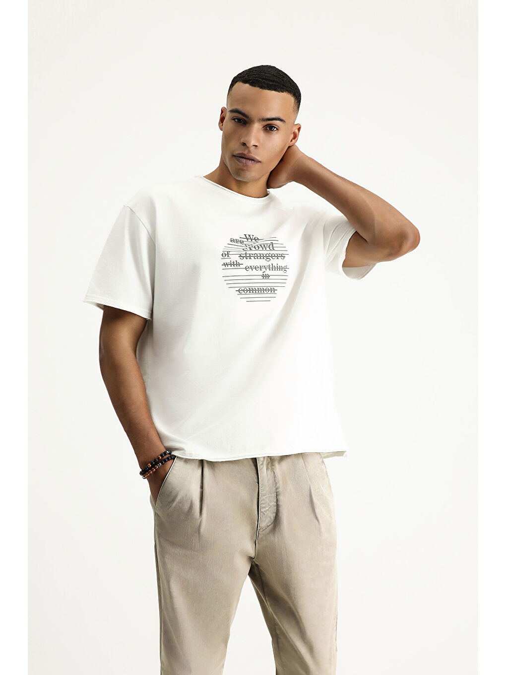 Ekru Bisiklet Yaka Oversize Baskılı Pamuk Tişört