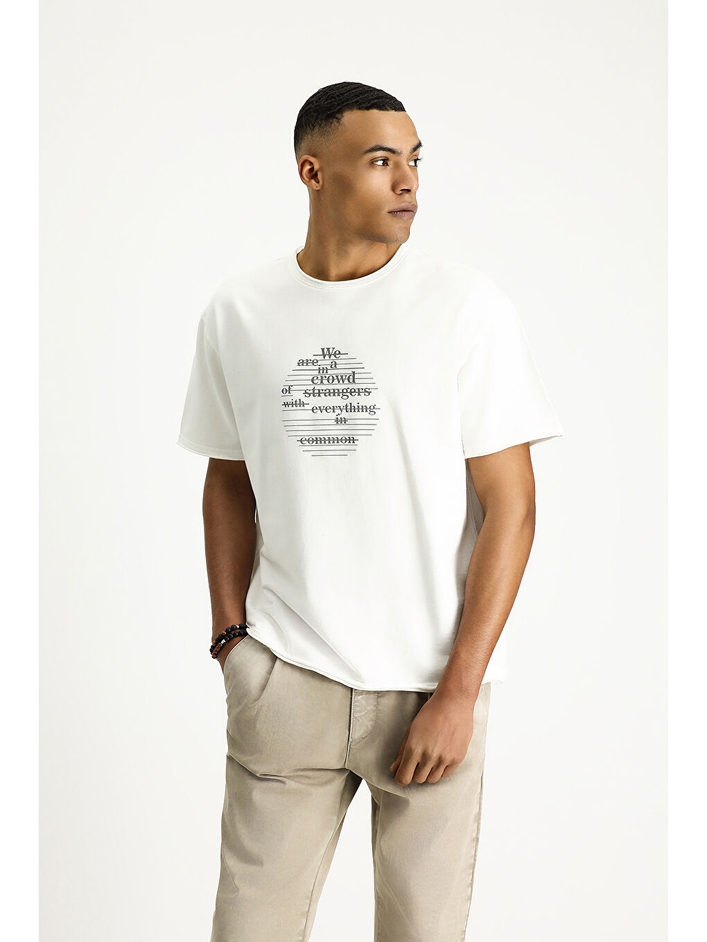 Ekru Bisiklet Yaka Oversize Baskılı Pamuk Tişört-2