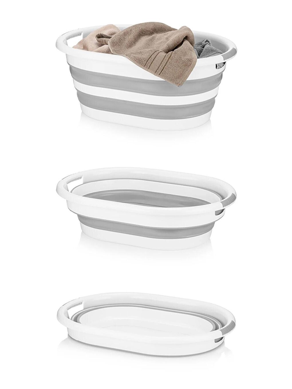 2 Gözlü Çamaşır Sepeti Çok Amaçlı Hurç Gri 53x33x60cm-25lt Katlanır 6lt Kova 3'lü Set-2