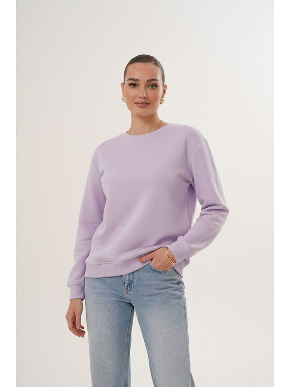Lila Unisex Bisiklet Yaka %100 Pamuk Basic Sweatshirt