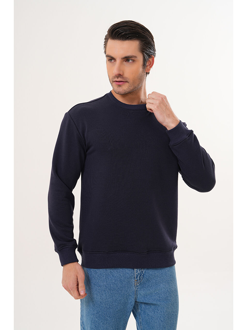 Lacivert Unisex Bisiklet Yaka %100 Pamuk Basic Sweatshirt-1