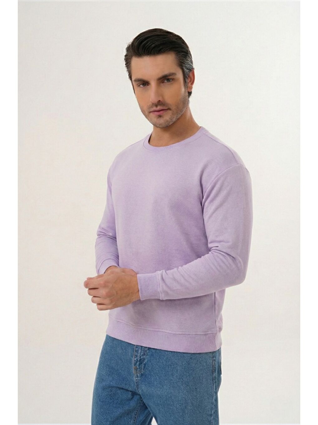 Lila Unisex Bisiklet Yaka %100 Pamuk Basic Sweatshirt-1