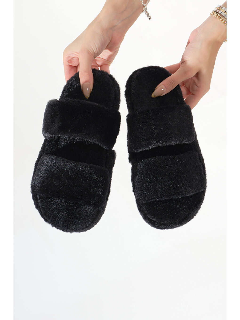 Kadın Siyah Çift Bantlı Pelüş Ev Terliği-1