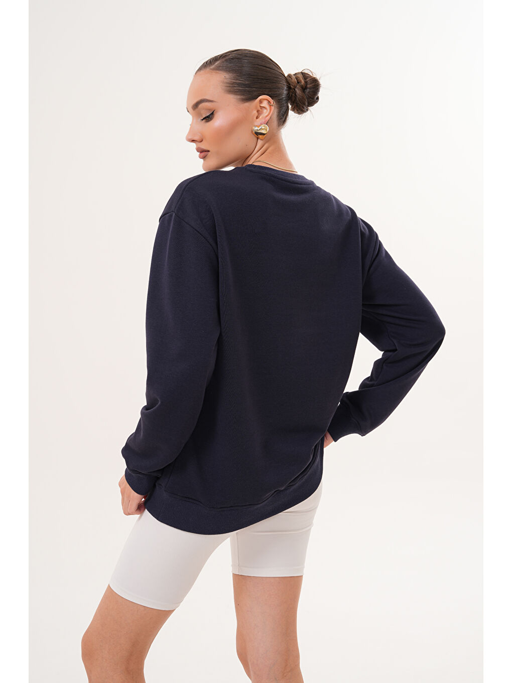 Lacivert Unisex Bisiklet Yaka %100 Pamuk Basic Sweatshirt-2