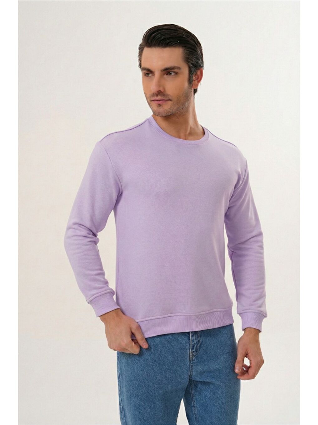 Lila Unisex Bisiklet Yaka %100 Pamuk Basic Sweatshirt-3