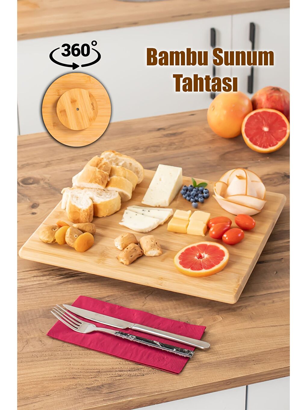 Kahverengi Bambu Peynir Pizza Tahtası Sunum Tahtası 360 Derece Dönen Yuvarlak Lüx Servis 35 x 30 x 1.5-1
