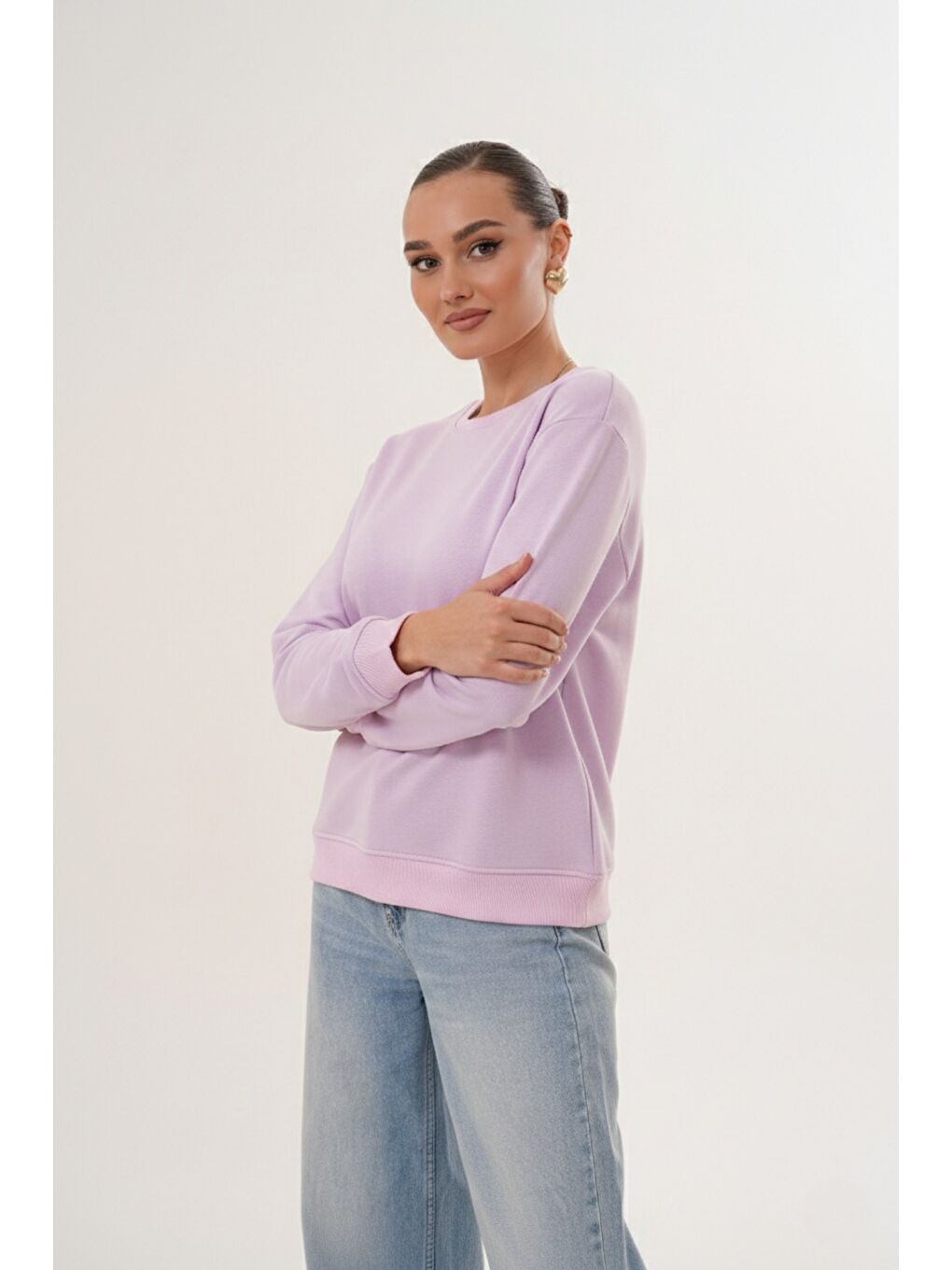 Lila Unisex Bisiklet Yaka %100 Pamuk Basic Sweatshirt-4