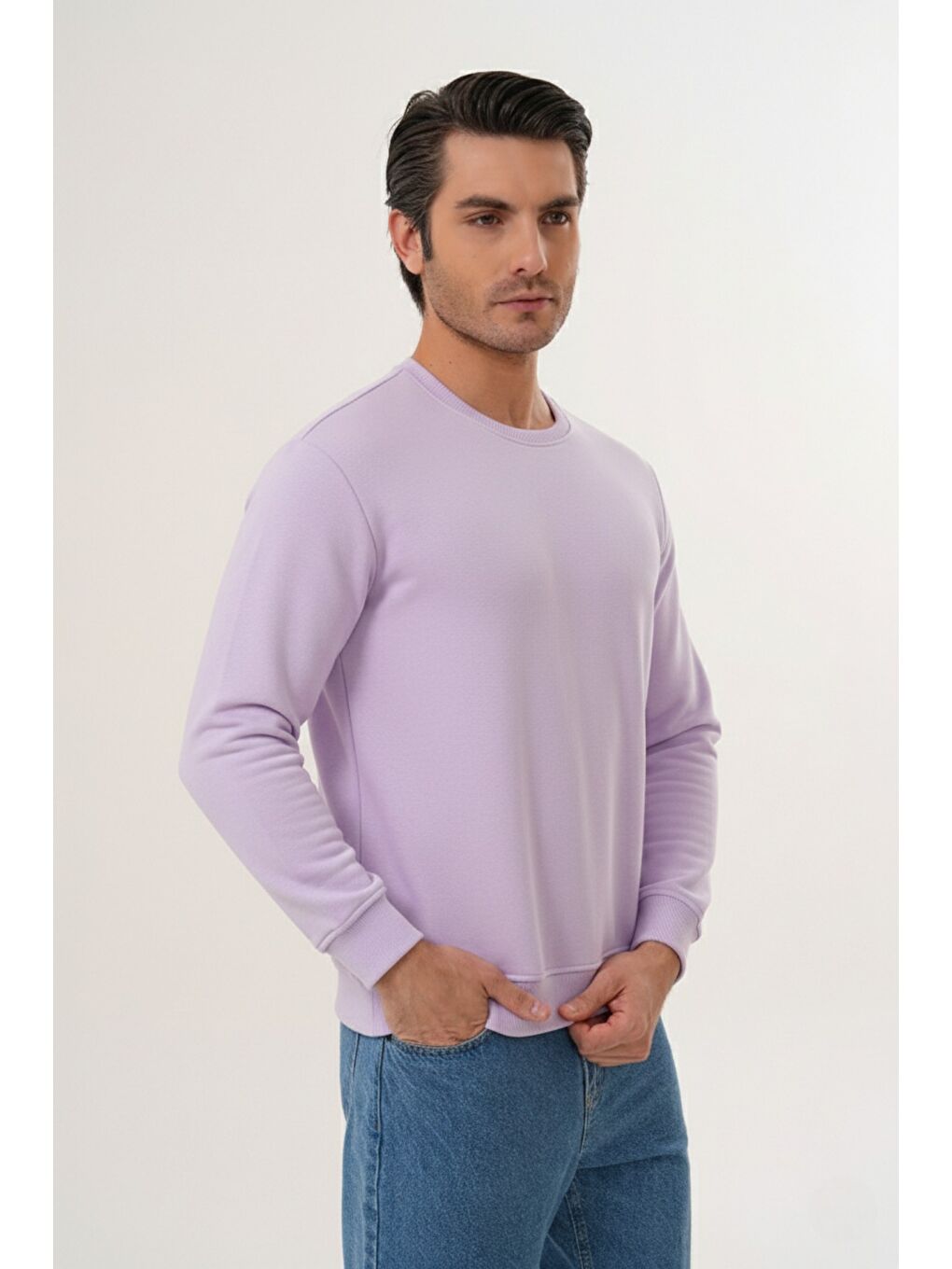 Lila Unisex Bisiklet Yaka %100 Pamuk Basic Sweatshirt-5