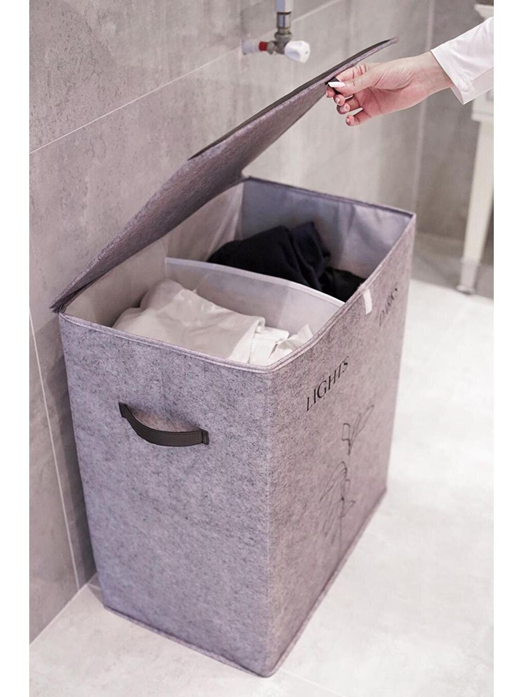 2 Gözlü Çamaşır Sepeti Çok Amaçlı Hurç Gri 53x33x60cm-25lt Katlanır 6lt Kova 3'lü Set-4