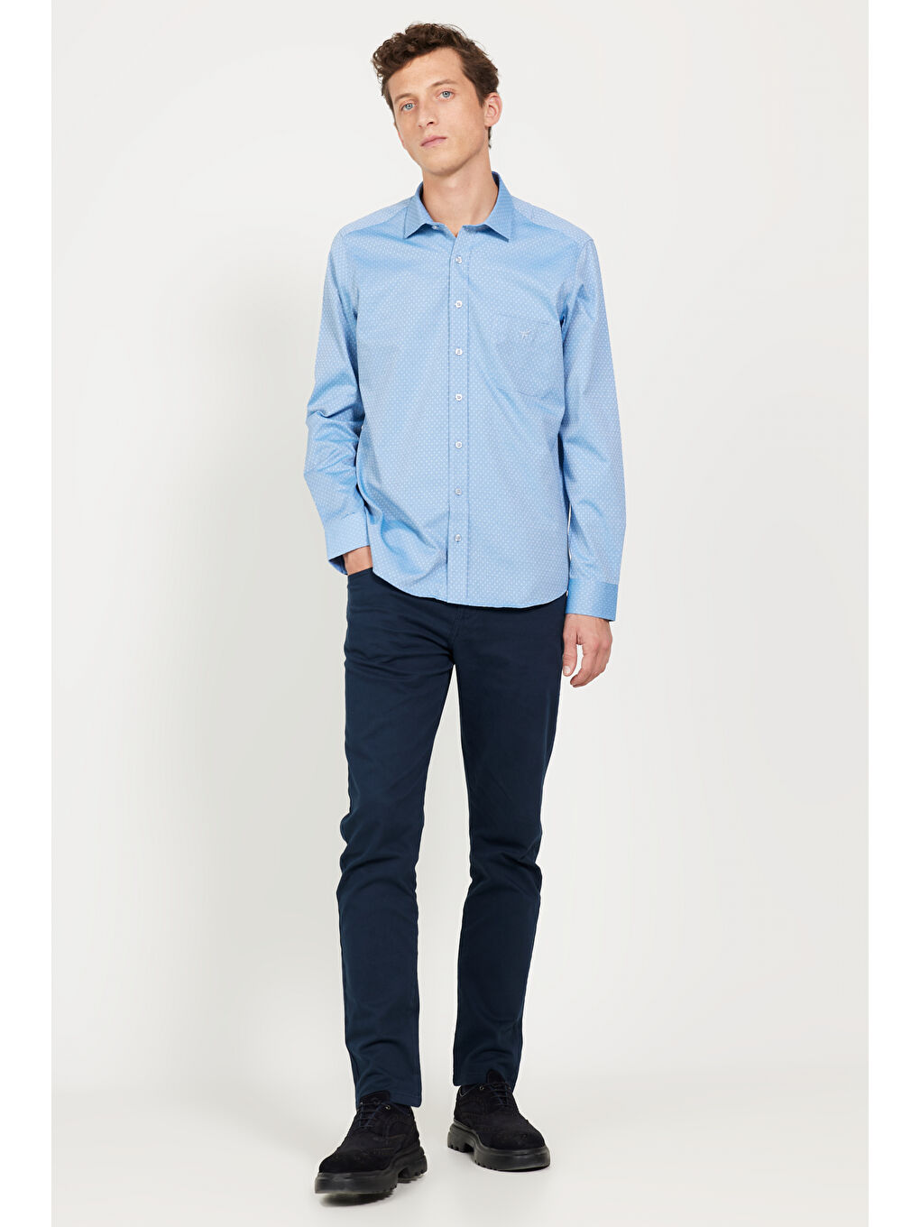 Erkek Mavi Slim Fit Dar Kesim Klasik Yaka Pamuklu Armürlü Gömlek-1
