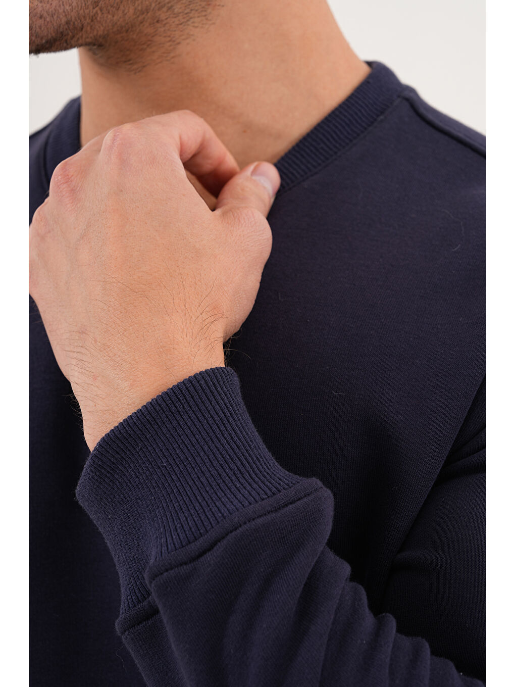 Lacivert Unisex Bisiklet Yaka %100 Pamuk Basic Sweatshirt-7