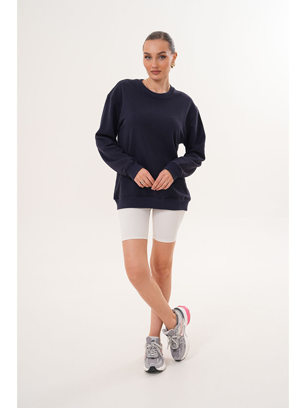 Lacivert Unisex Bisiklet Yaka %100 Pamuk Basic Sweatshirt-8