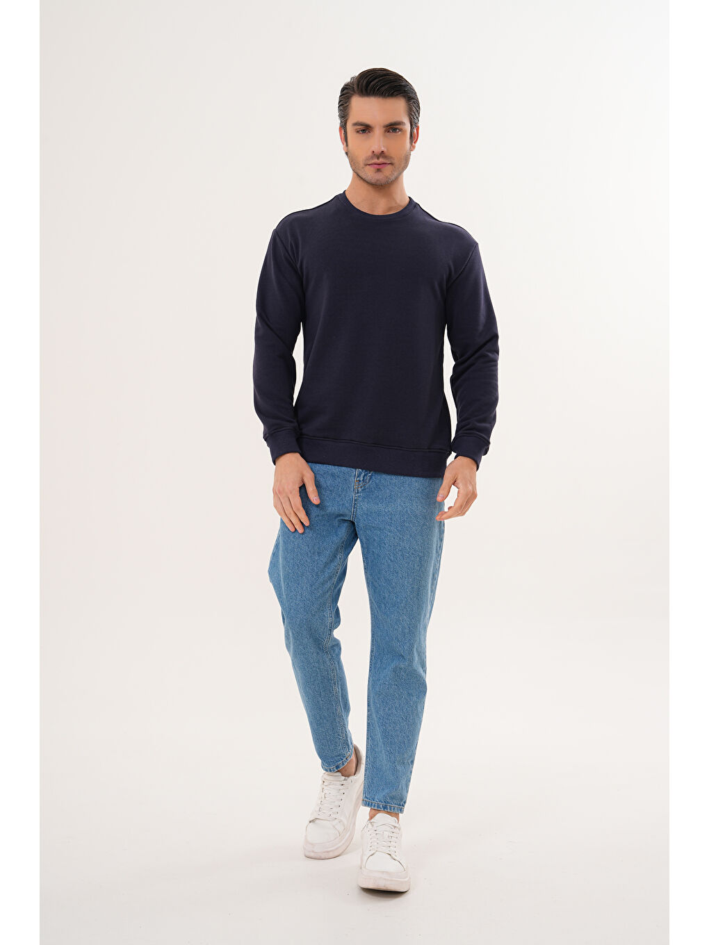 Lacivert Unisex Bisiklet Yaka %100 Pamuk Basic Sweatshirt-9