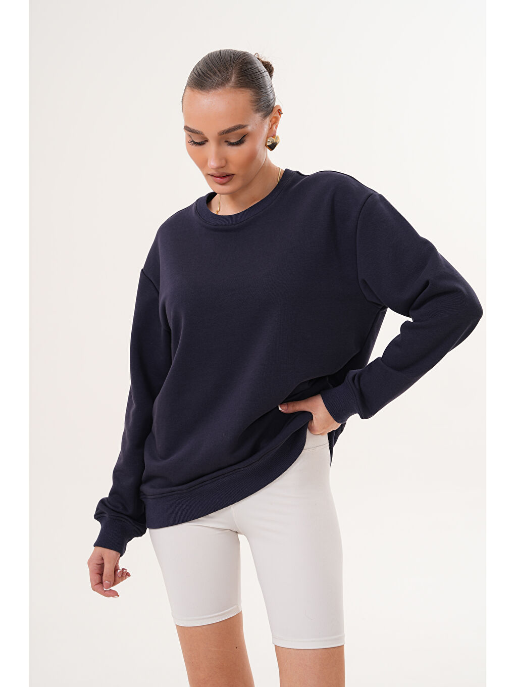 Lacivert Unisex Bisiklet Yaka %100 Pamuk Basic Sweatshirt-10