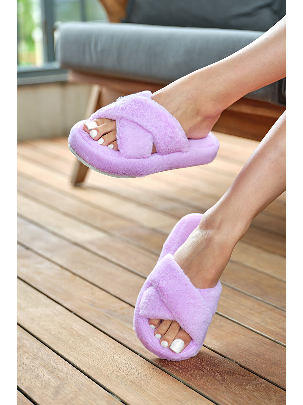 Pembe Kadın Pudra Çapraz Pelüş Ev Terliği-1