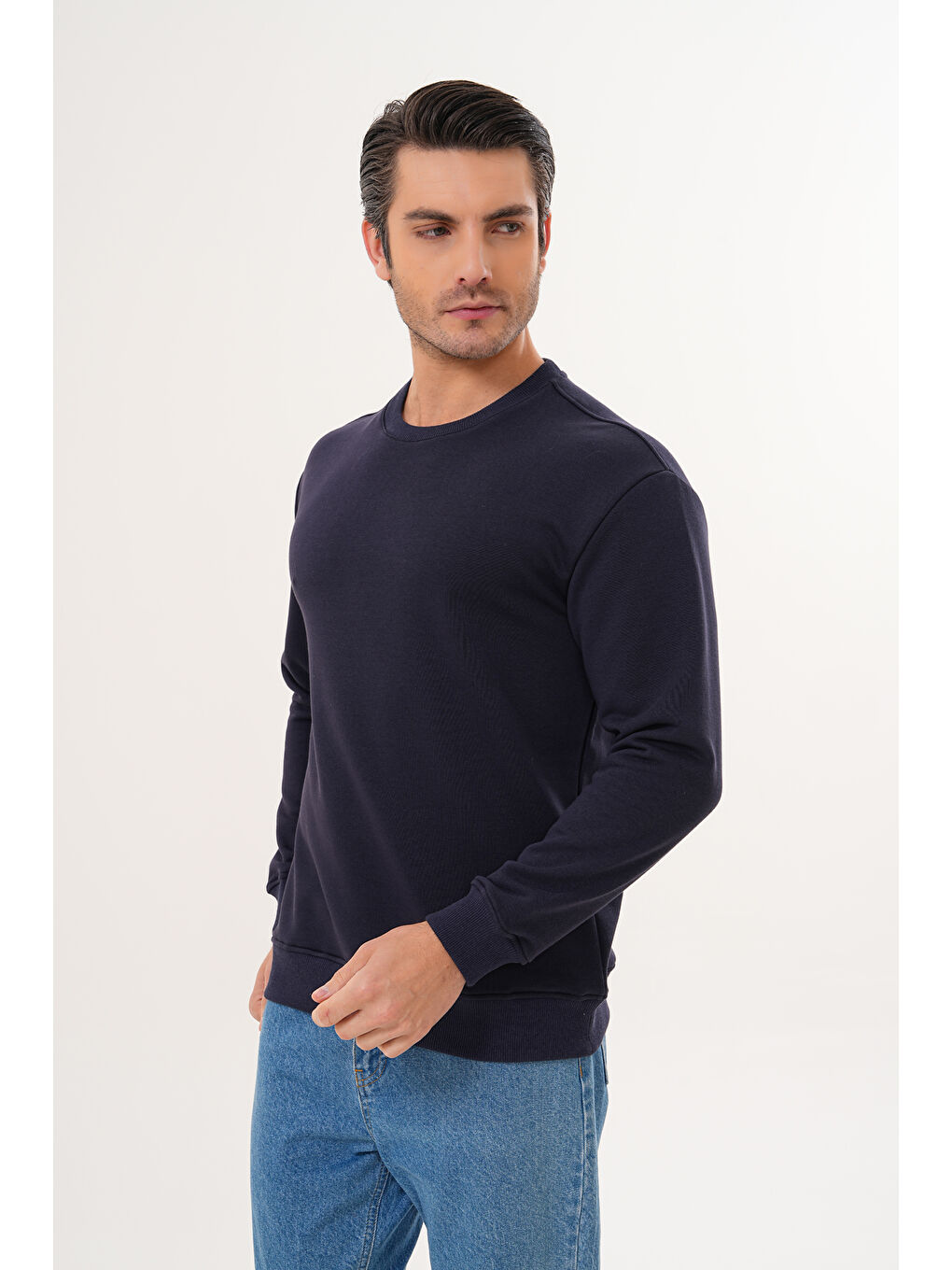 Lacivert Unisex Bisiklet Yaka %100 Pamuk Basic Sweatshirt-11