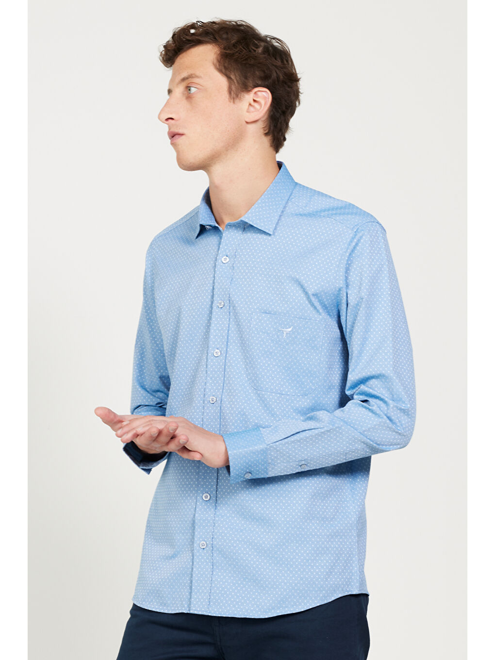 Erkek Mavi Slim Fit Dar Kesim Klasik Yaka Pamuklu Armürlü Gömlek-2