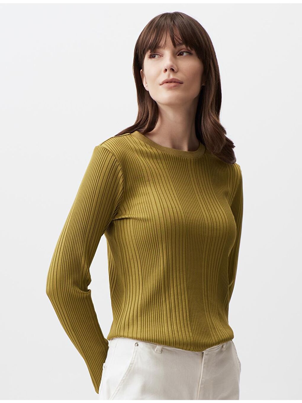 Sarı Limoni Uzun Kollu Bisiklet Yaka Basic Bluz