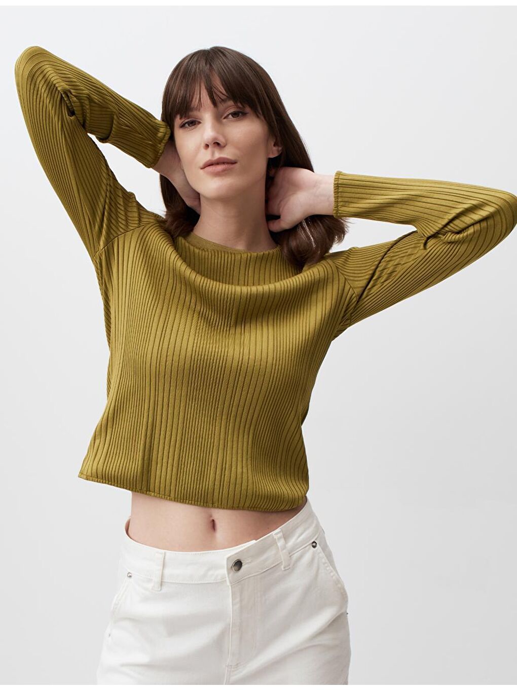 Sarı Limoni Uzun Kollu Bisiklet Yaka Basic Bluz-1