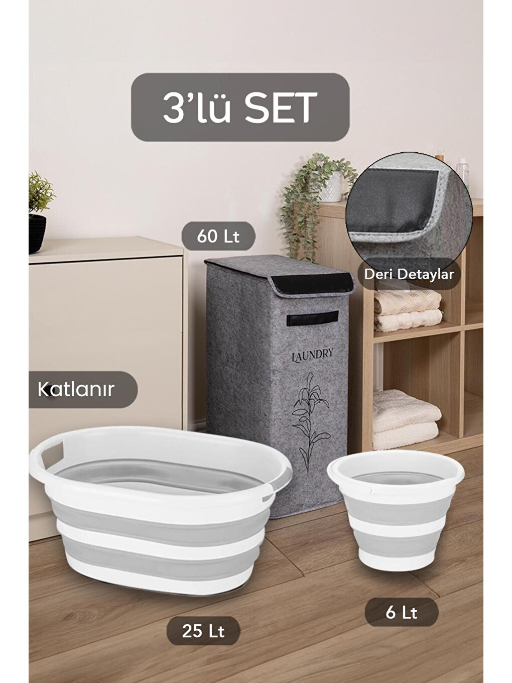 Meleni Home Gri Kapaklı Keçe Çamaşır Sepeti Katlanır Saklama Selesi 3'lü Set Gri 25x40x60cm-25Lt Çamaşır Selesi-Kova