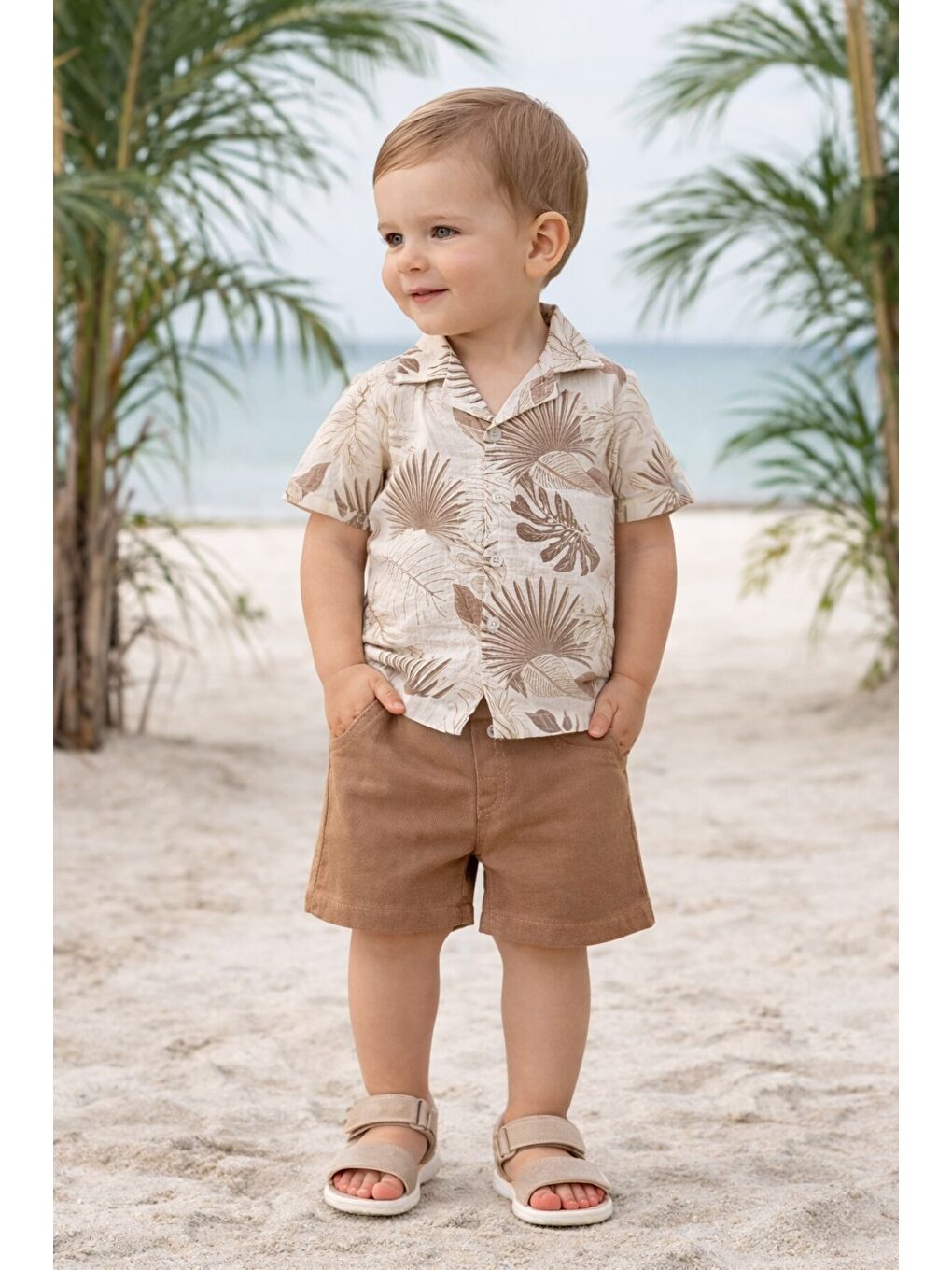 Ekru Tarz Yaprak Desenli Gömlek Belden Ayarlanabilir Salopetli Kısa Kollu Şortlu 2'li Takım Çocuk ve-1