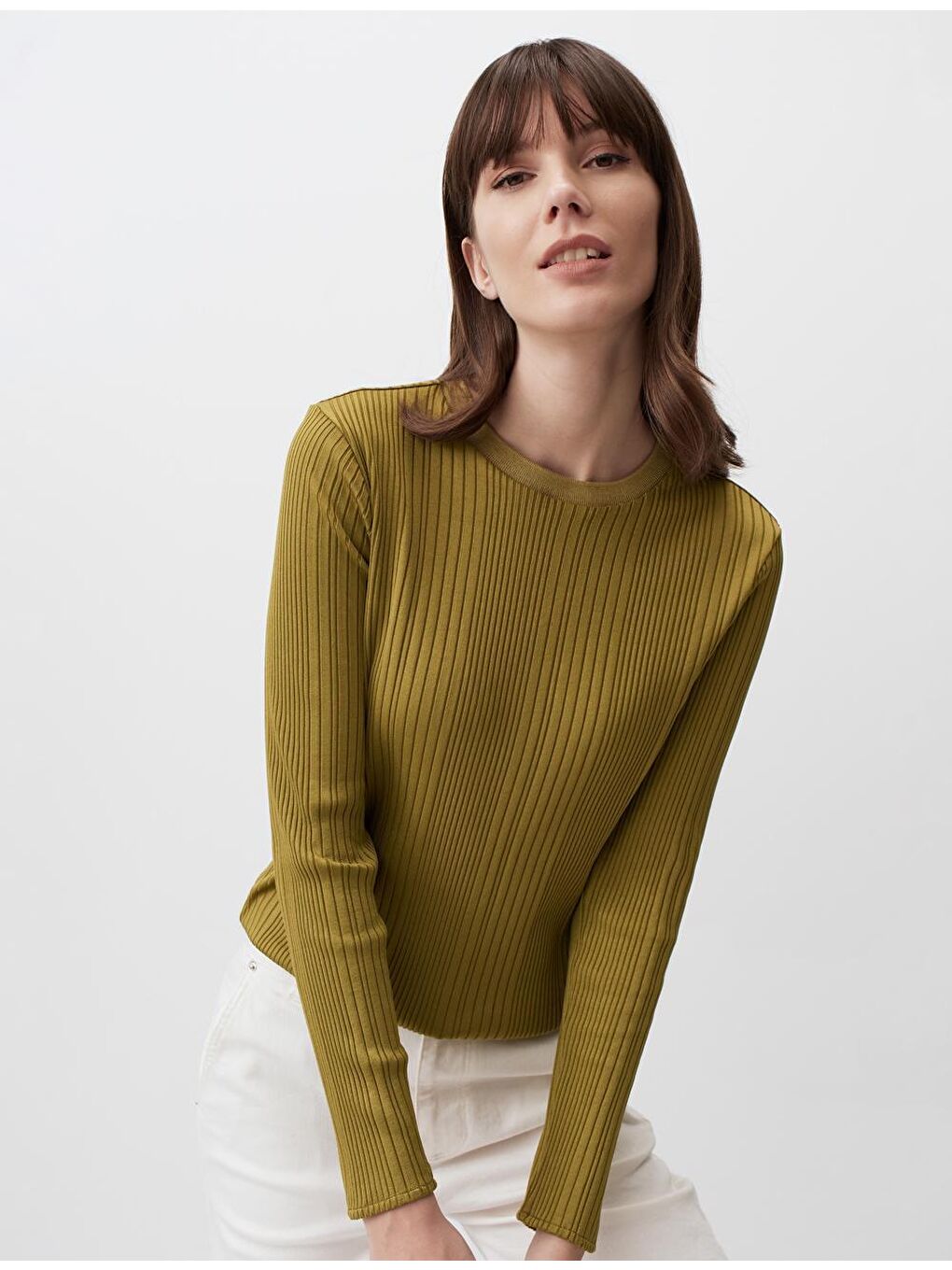 Sarı Limoni Uzun Kollu Bisiklet Yaka Basic Bluz-2