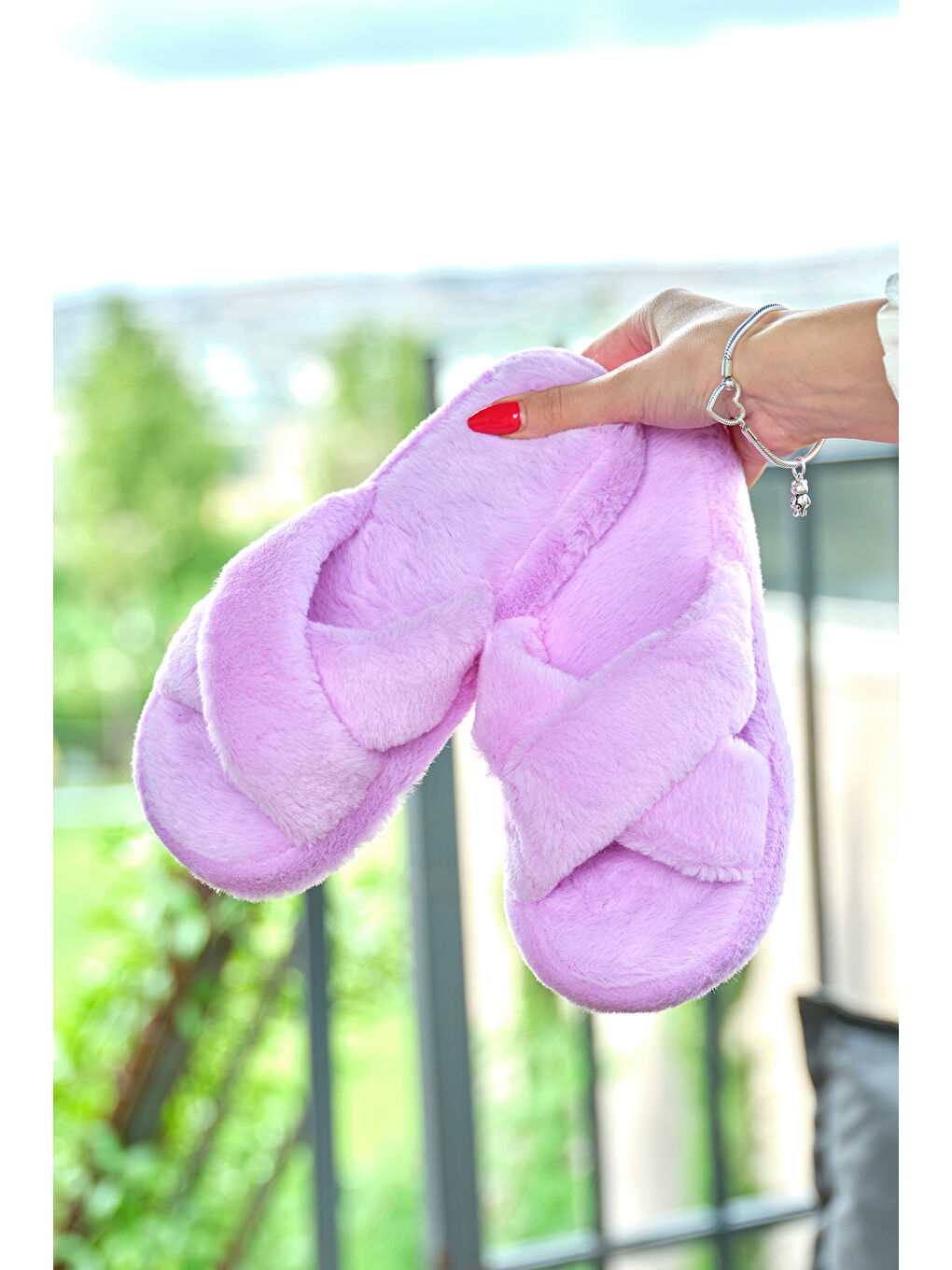 Pembe Kadın Pudra Çapraz Pelüş Ev Terliği-3