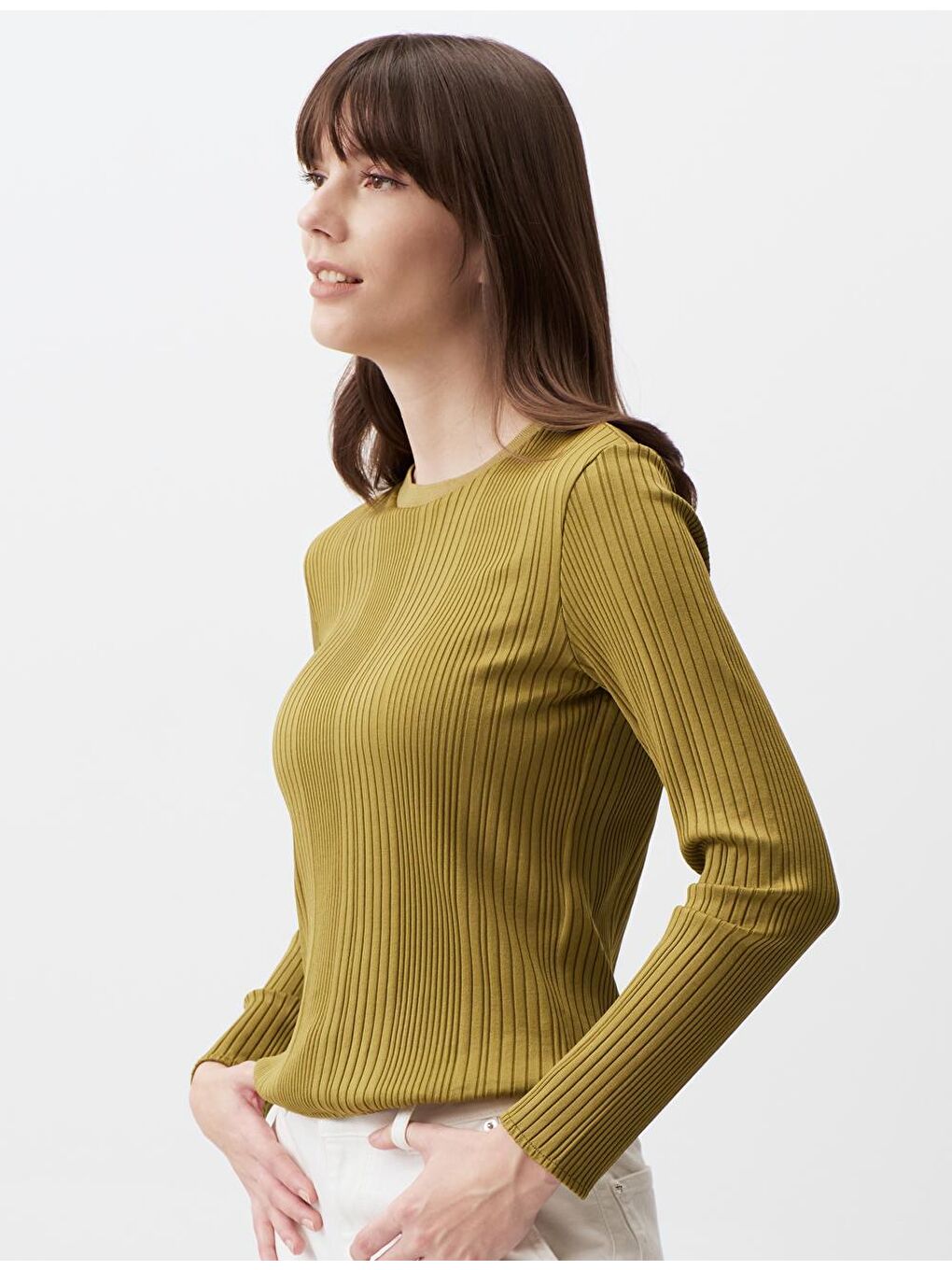 Sarı Limoni Uzun Kollu Bisiklet Yaka Basic Bluz-3
