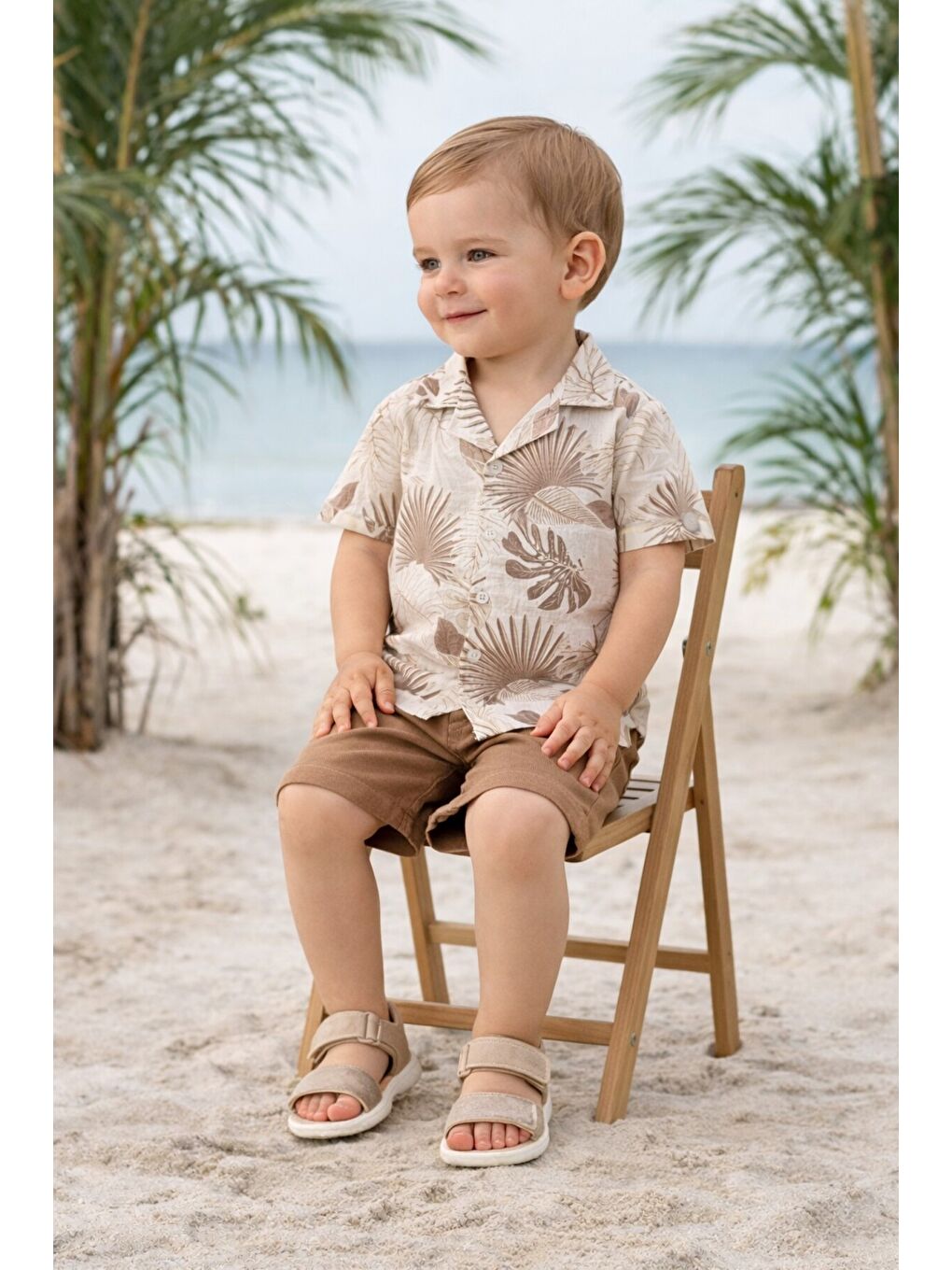 Ekru Tarz Yaprak Desenli Gömlek Belden Ayarlanabilir Salopetli Kısa Kollu Şortlu 2'li Takım Çocuk ve-2