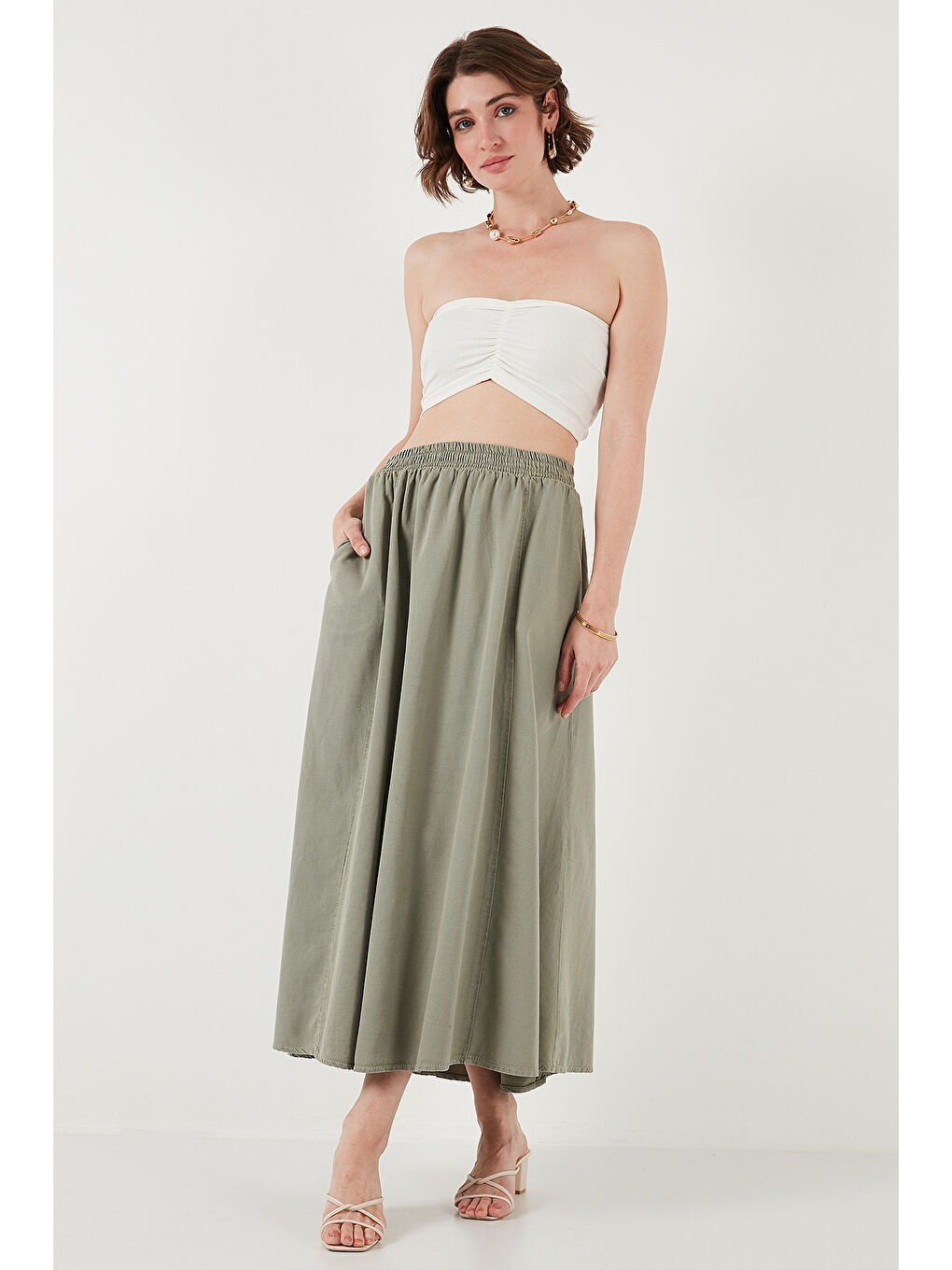 Haki Modest Pamuk Ve Keten Karışımlı Yüksek Bel Cepli Uzun Kiloş Tesettür Etek 668Yp4443