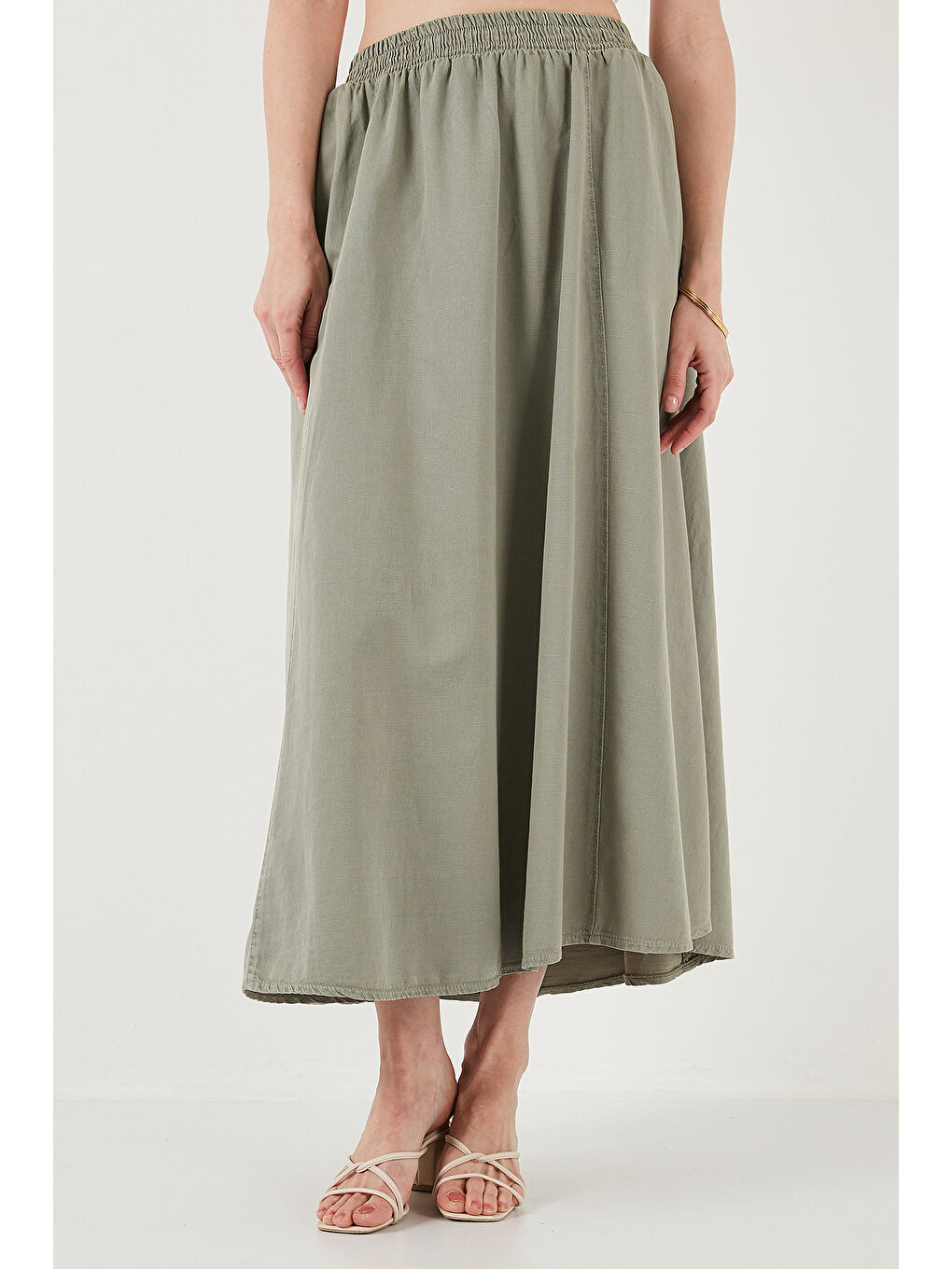 Haki Modest Pamuk Ve Keten Karışımlı Yüksek Bel Cepli Uzun Kiloş Tesettür Etek 668Yp4443-1