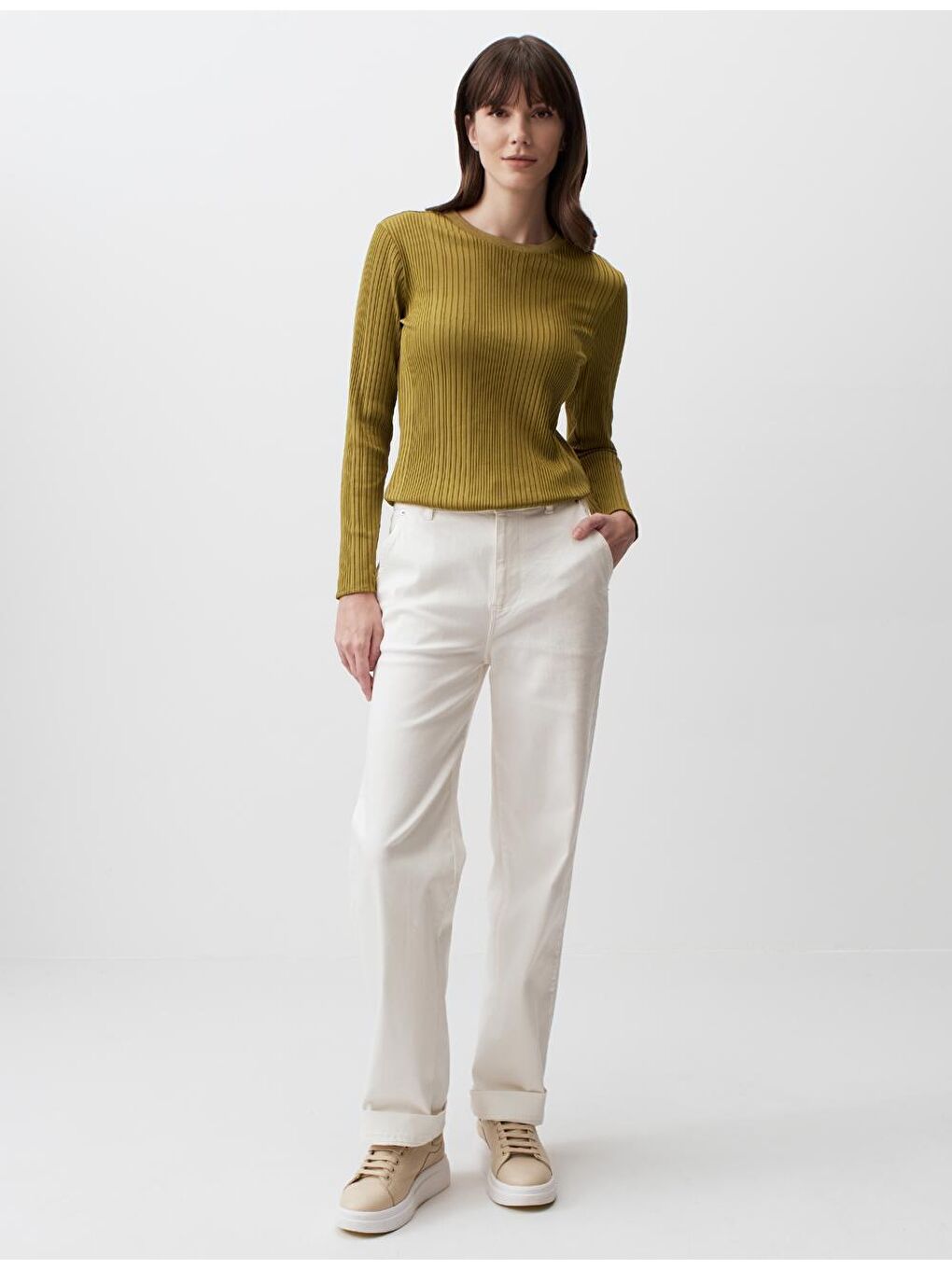 Sarı Limoni Uzun Kollu Bisiklet Yaka Basic Bluz-4