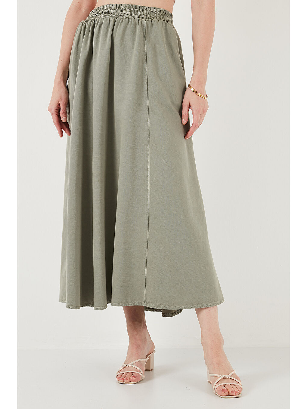 Haki Modest Pamuk Ve Keten Karışımlı Yüksek Bel Cepli Uzun Kiloş Tesettür Etek 668Yp4443-2