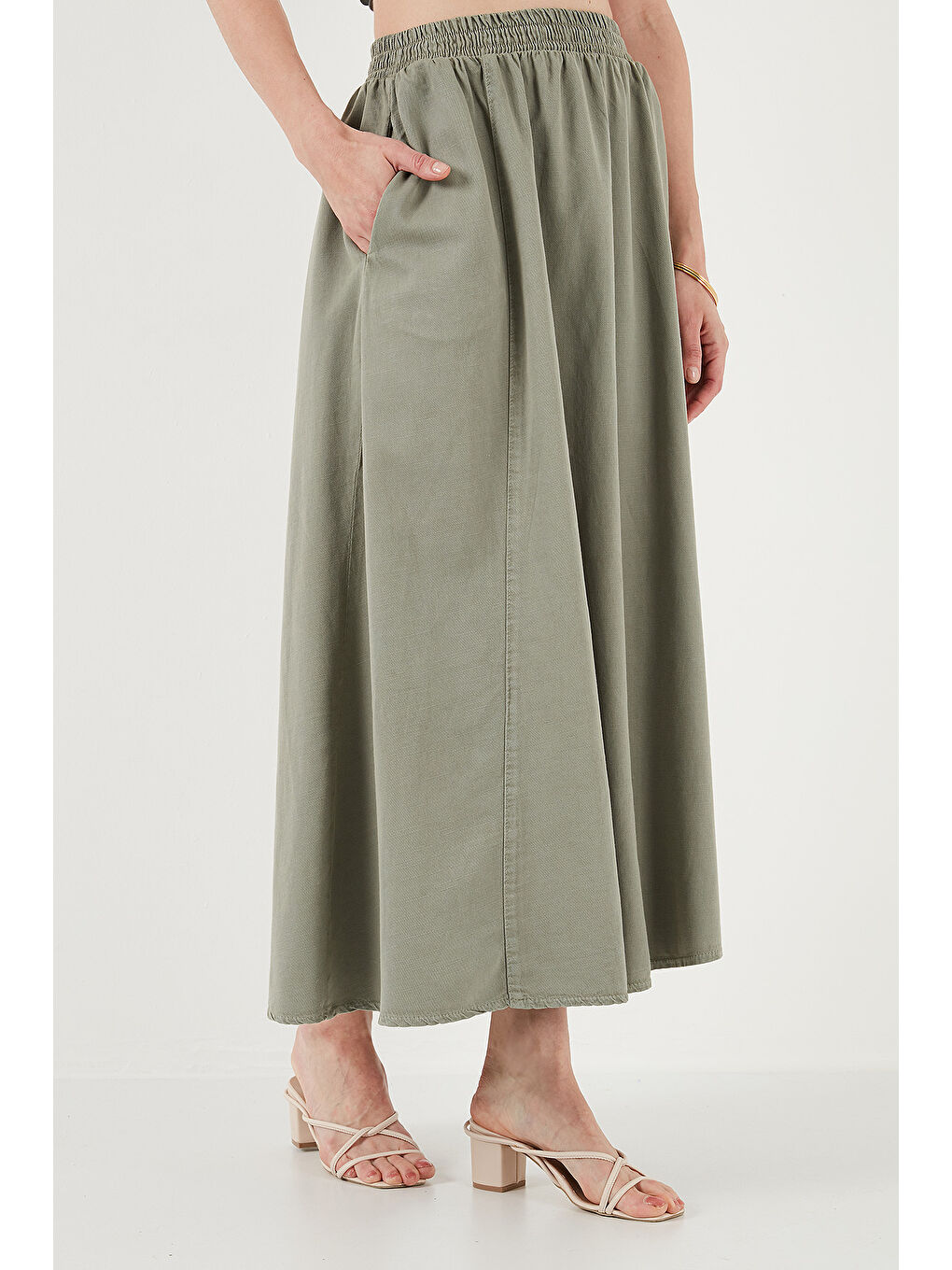 Haki Modest Pamuk Ve Keten Karışımlı Yüksek Bel Cepli Uzun Kiloş Tesettür Etek 668Yp4443-3