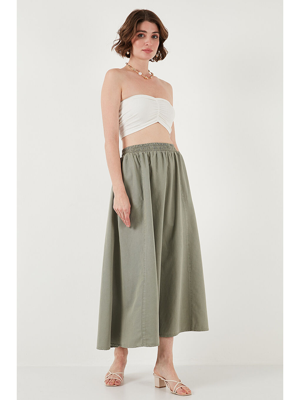 Haki Modest Pamuk Ve Keten Karışımlı Yüksek Bel Cepli Uzun Kiloş Tesettür Etek 668Yp4443-4