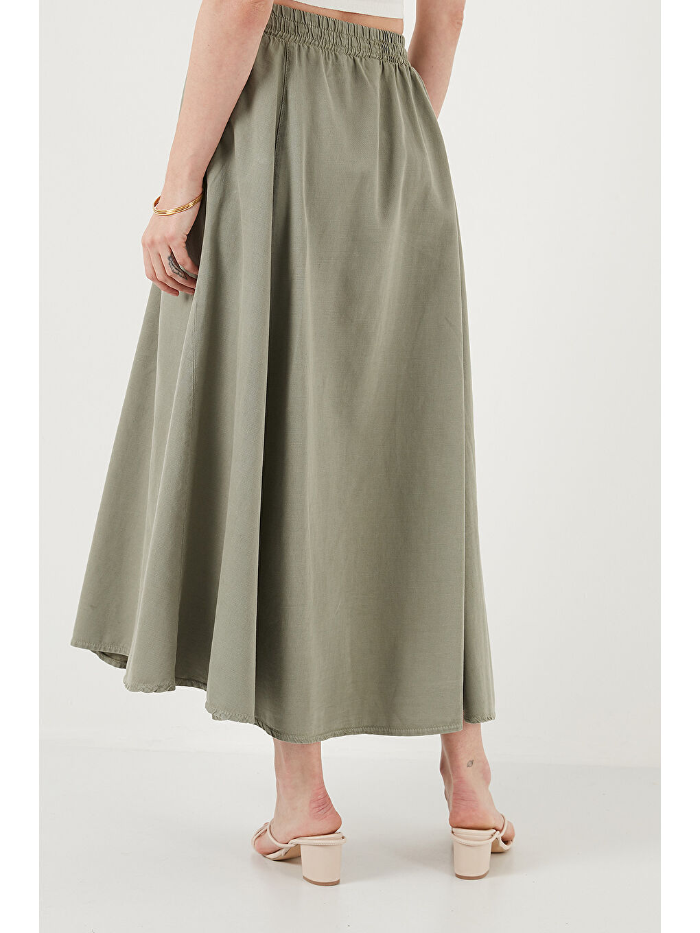 Haki Modest Pamuk Ve Keten Karışımlı Yüksek Bel Cepli Uzun Kiloş Tesettür Etek 668Yp4443-6