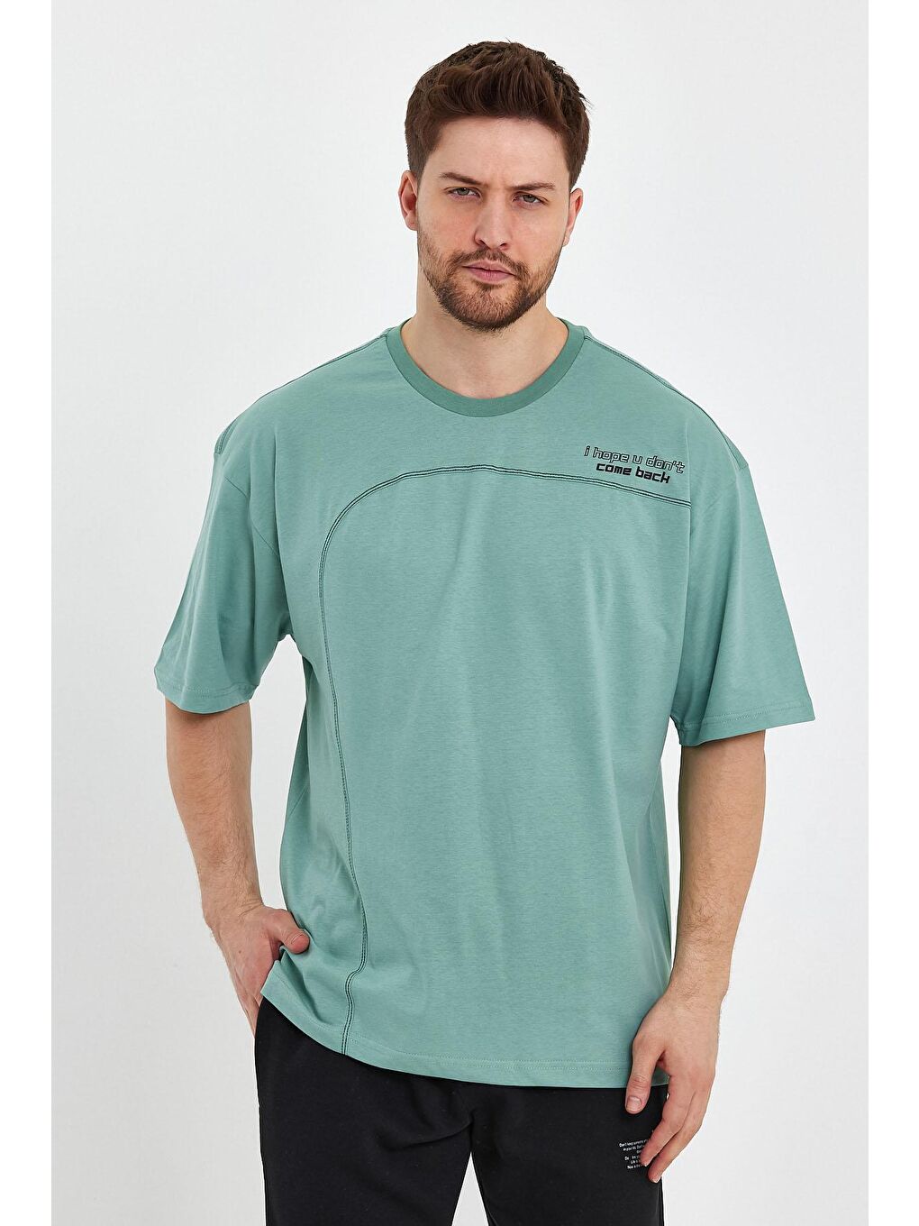 Yeşil Oversize Fit Bisiklet Yaka Dikiş Detaylı %100 Pamuk Baskılı Erkek Tişört RF0401-1