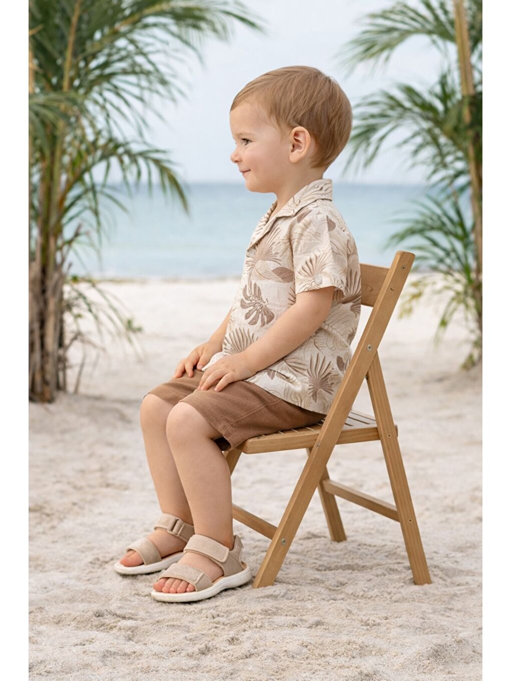 Ekru Tarz Yaprak Desenli Gömlek Belden Ayarlanabilir Salopetli Kısa Kollu Şortlu 2'li Takım Çocuk ve-3