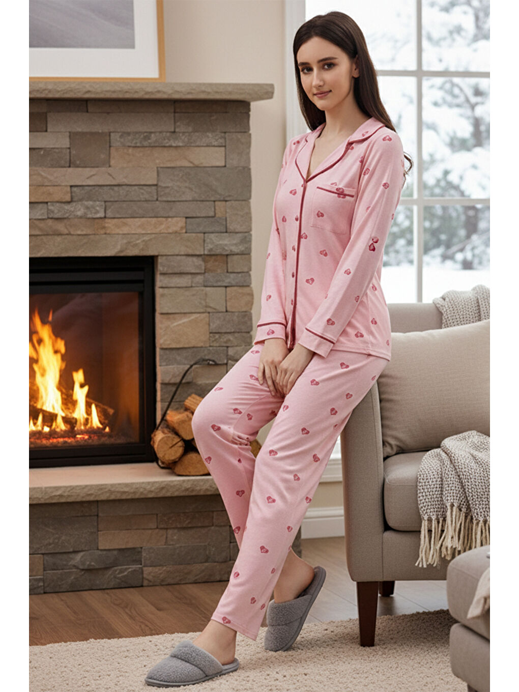Kadın Kalp Desenli Önü Düğmeli Yumuşak Milan Kumaş Pijama Takımı 250356 Pembe-3