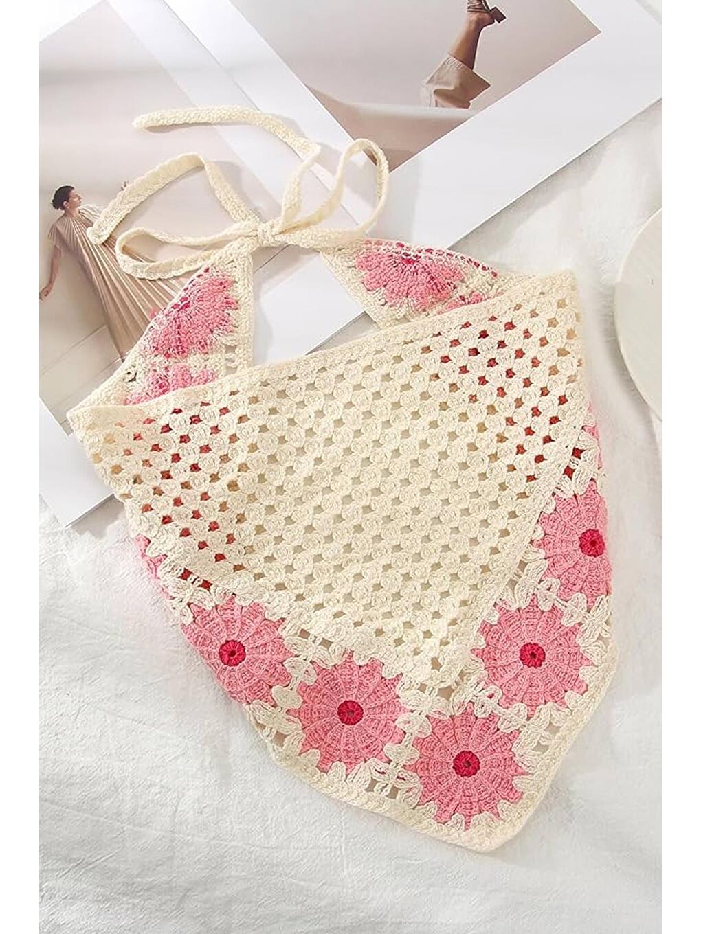 Pembe Floral Örgü Üçgen Bandana-1