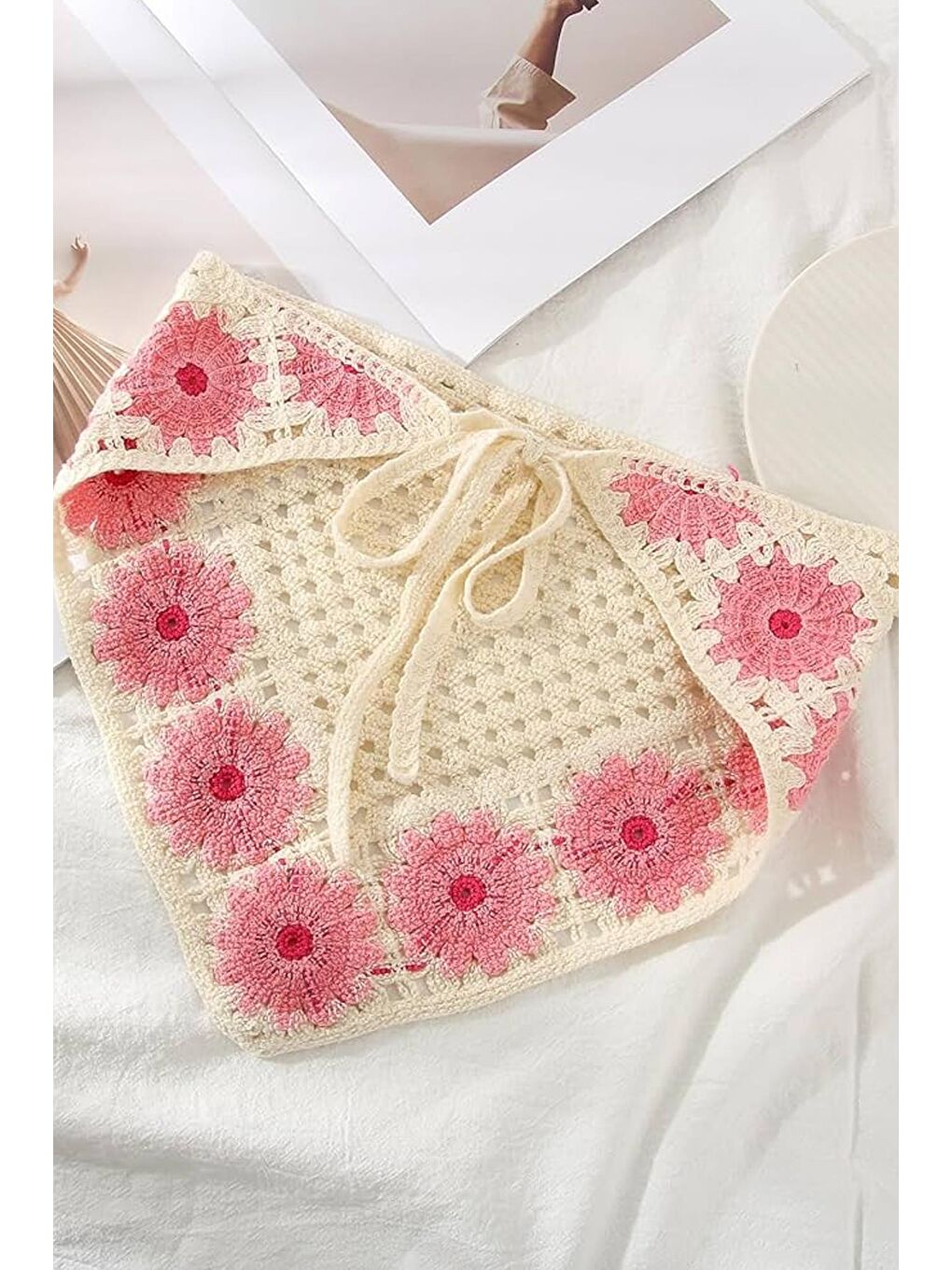 Pembe Floral Örgü Üçgen Bandana-2