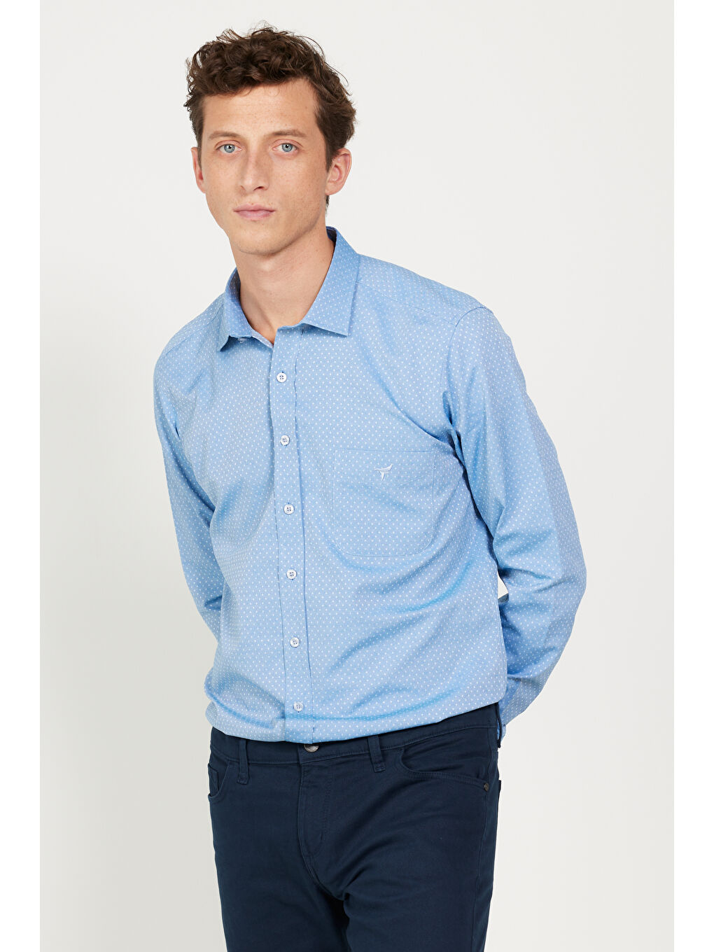 Erkek Mavi Slim Fit Dar Kesim Klasik Yaka Pamuklu Armürlü Gömlek-3