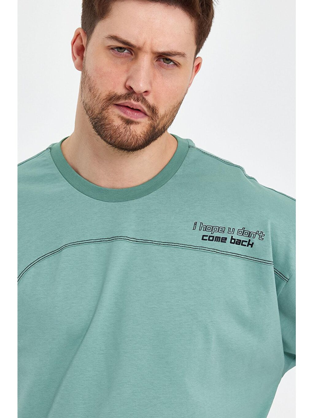 Yeşil Oversize Fit Bisiklet Yaka Dikiş Detaylı %100 Pamuk Baskılı Erkek Tişört RF0401-2