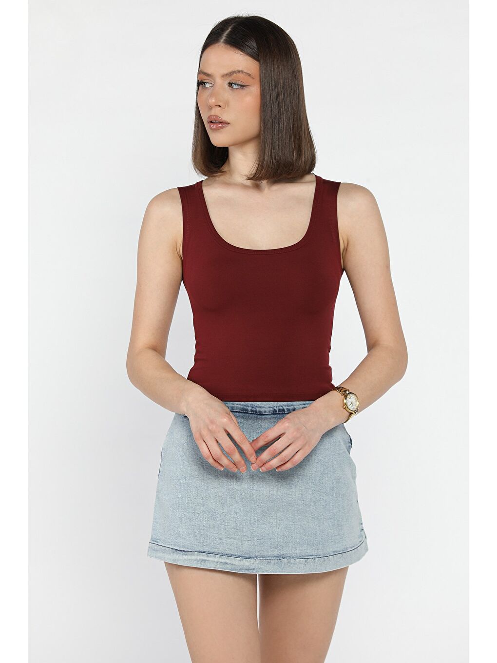 Bordo Kadın Modal Kumaş Sıfır Kol Elastanlı Crop Top Bluz-1