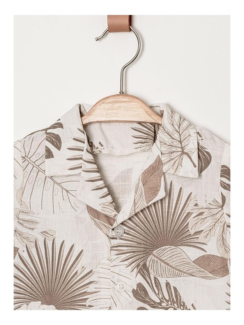 Ekru Tarz Yaprak Desenli Gömlek Belden Ayarlanabilir Salopetli Kısa Kollu Şortlu 2'li Takım Çocuk ve-6