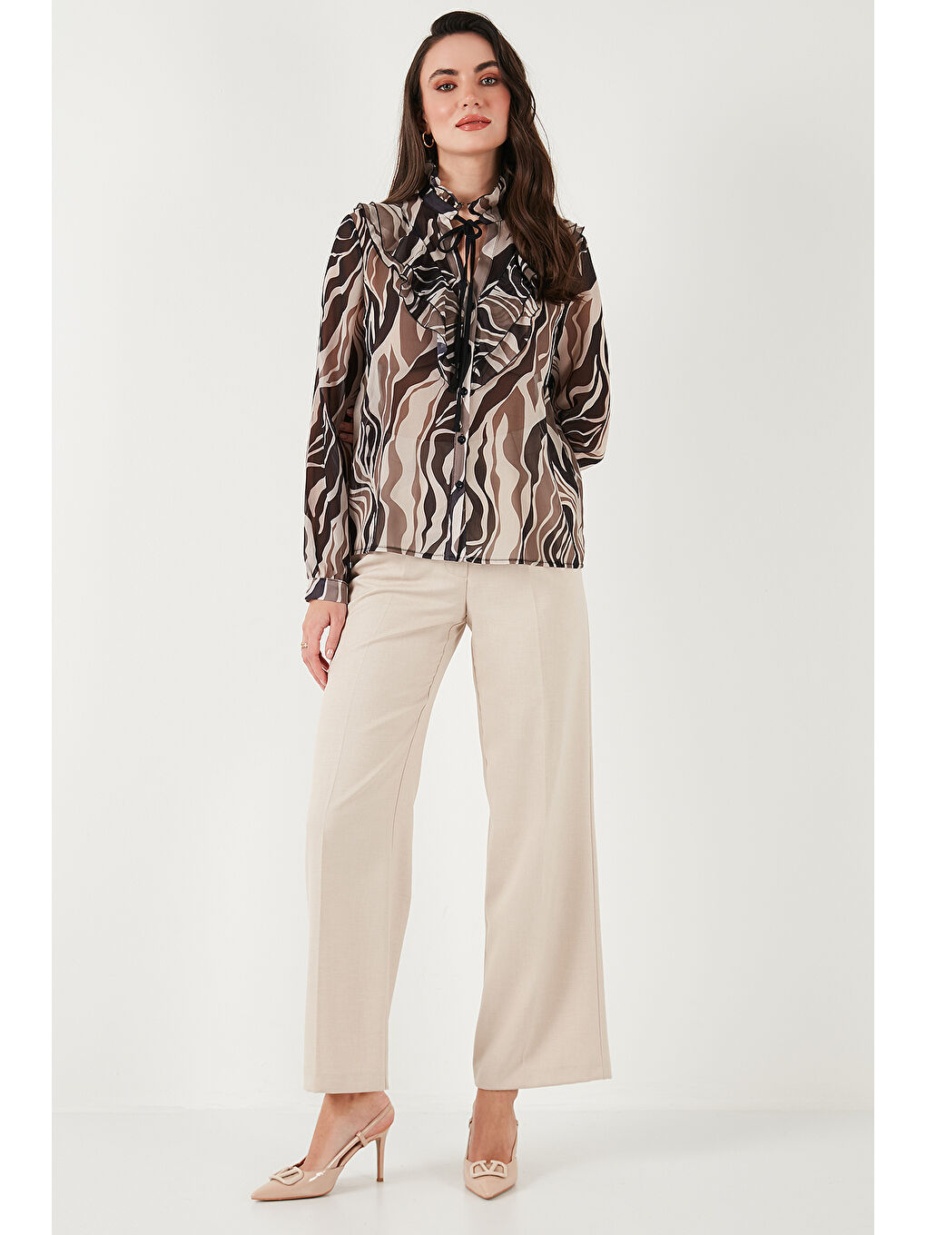 Haki Desenli Bağlamalı V Yaka Şifon Kadın Gömlek 611Go0192-2