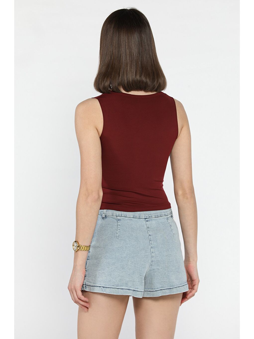 Bordo Kadın Modal Kumaş Sıfır Kol Elastanlı Crop Top Bluz-2